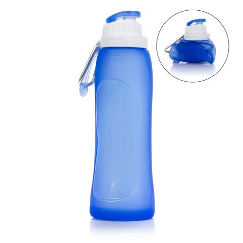 Botella plegable enrollable de 500ml, de silicona de grado alimenticio. Con mosquetón. Azul