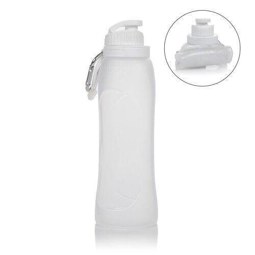 Botella plegable enrollable de 500ml, de silicona de grado alimenticio. Con mosquetón. Transparente