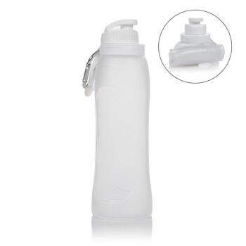 Flacon roll-on pliable de 500 ml, en silicone de qualité alimentaire. Avec mousqueton. Transparent