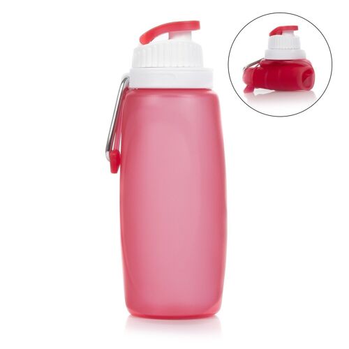Mini botella plegable enrollable de 320ml, de silicona de grado alimenticio. Con mosquetón. Rojo