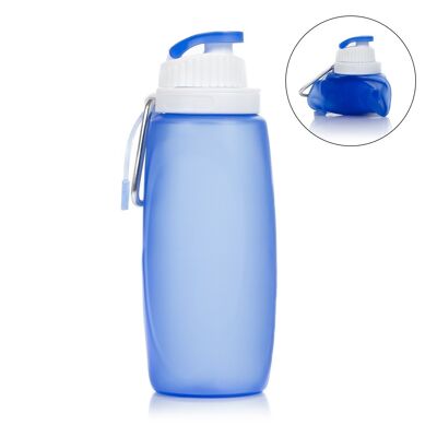 Mini bottiglia roll-on pieghevole da 320 ml, realizzata in silicone alimentare. Con moschettone. Blu