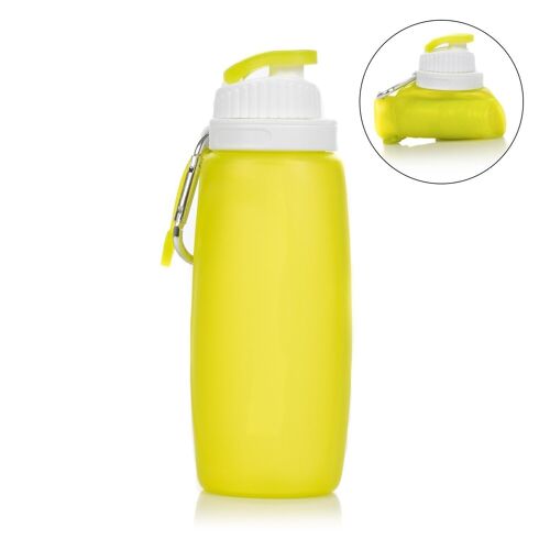 Mini botella plegable enrollable de 320ml, de silicona de grado alimenticio. Con mosquetón. Verde Claro