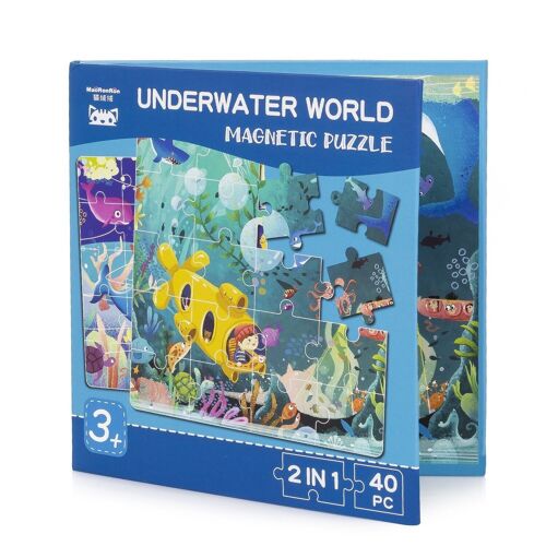 Puzle diseño Mundo Submarino de 40 piezas magnético. Formato tipo libro, 2 puzzles de 20 piezas en 1. Azul