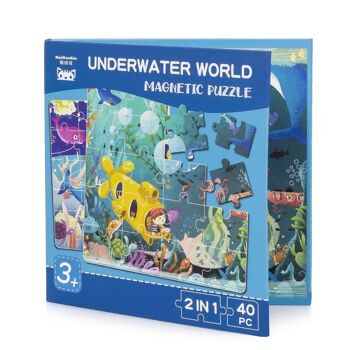 Puzzle design monde sous-marin de 40 pièces magnétiques. Format type livre, 2 puzzles de 20 pièces en 1. Bleu 1