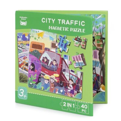 Puzzle design Traffic in the City of 40 magnetic pieces. Book-type format, 2 puzzles of 20 pieces in 1. Green