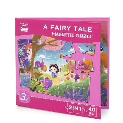 Puzzle design A Fairy Tale of 40 magnetic pieces. Book-type format, 2 puzzles of 20 pieces in 1. Pink