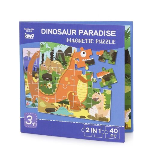 Puzle diseño Paraiso de los Dinosaurios de 40 piezas magnético. Formato tipo libro, 2 puzzles de 20 piezas en 1. Azul Oscuro