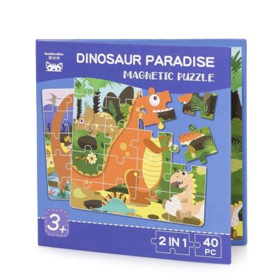 Puzzle design Paradis des Dinosaures de 40 pièces magnétiques. Format type livre, 2 puzzles de 20 pièces en 1. Bleu foncé