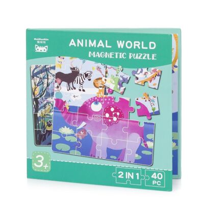 Animal World design puzzle of 40 magnetic pieces. Book-type format, 2 puzzles of 20 pieces in 1. Turquoise