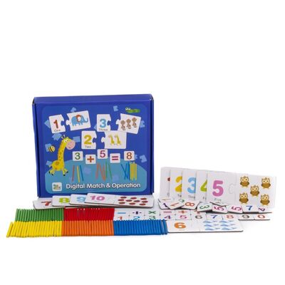 Educational mathematical game. Game of pairs of numbers and animals, mathematical symbols and wooden sticks to perform operations. Dark blue