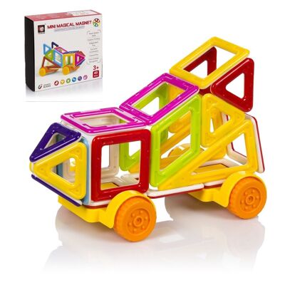 Magnetic construction pieces for children, with moving wheels to create vehicles. 40 pieces. Multicolored