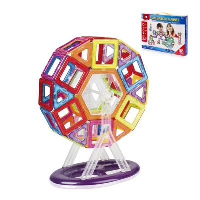 Magnetische Konstruktionsteile für Kinder mit beweglichen Teilen zum Erstellen rotierender Figuren. 58 Stück. Mehrfarbig