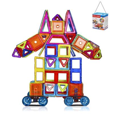 Magnetic construction pieces for children, with wheels and moving parts to create rotating figures and vehicles. Base with lights and sound. 168 pieces. Multicolored