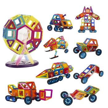Pièces de construction magnétiques pour enfants, avec roues et pièces mobiles pour créer des personnages et des véhicules rotatifs. Base avec lumières et son. 168 pièces. Multicolore 2