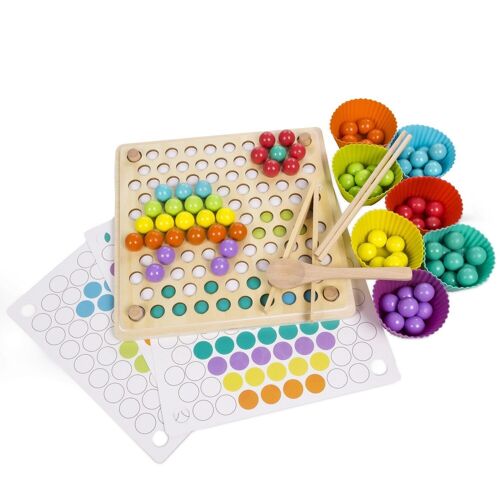 Tablero Montessori de madera para crear de mosaicos multicolor. Crea dibujos de forma libre o siguiendo los patrones. Multicolor