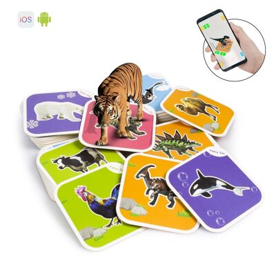 Zoo de fantaisie. Cartes éducatives d'animaux en réalité augmentée. Observez et apprenez avec les animaux en 3D. Application pour Androïd et iOS. Multicolore