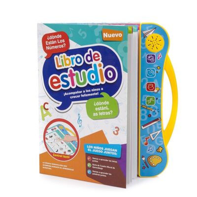 Study Book, libro elettronico educativo con suoni, bilingue in spagnolo e inglese. Attività matematiche, linguistiche, creative. Multicolore
