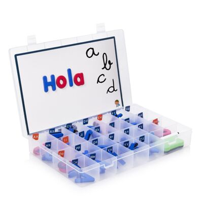 Magnetic board with letters, 2 markers and eraser. Includes 3 lowercase letters 1 uppercase for each letter of the alphabet. Blue