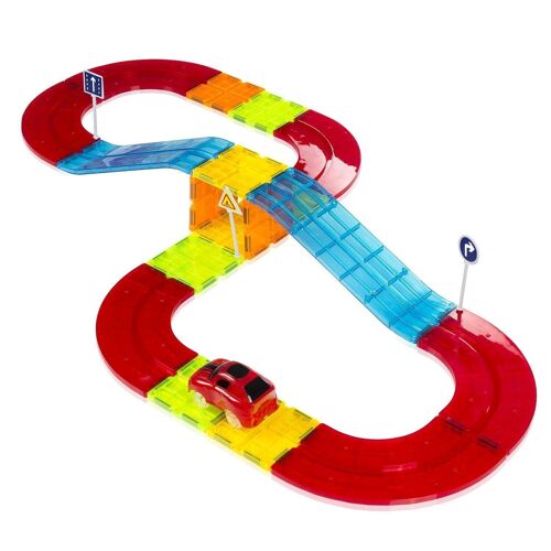Pista para coches con piezas magnéticas. 27 piezas. Crea tus propios circuitos. Incluye puente y 1 coche. Multicolor