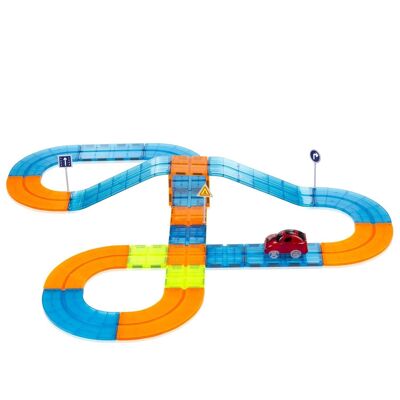 Car track with magnetic pieces. 37 pieces. Create your own circuits. Includes crossing, bridge and 1 car. Multicolored