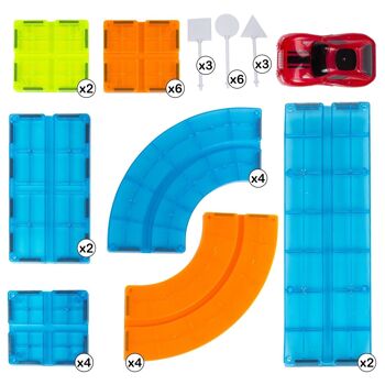 Piste de voiture avec pièces magnétiques. 37 pièces. Créez vos propres circuits. Comprend un passage à niveau, un pont et 1 voiture. Multicolore 2