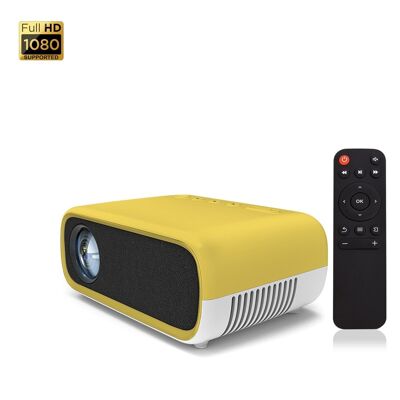 Mini video projector YG280 LED 800 lumens. Support HD1080 resolution. From 24 to 80 inches. Includes remote control. Yellow