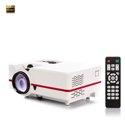 LED video projector up to 150 inches, contrast 3000:1. HDMI, USB connections, includes antenna input. Remote control. White