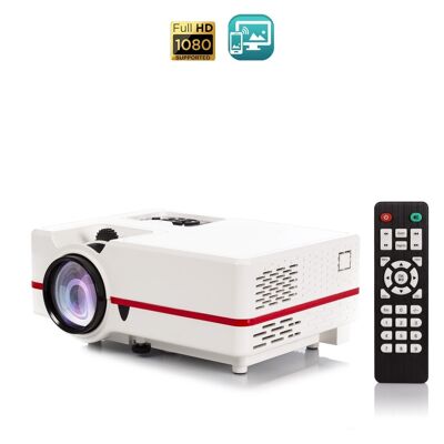LED video projector with screen mirroring for iOS and Android. Up to 150 inches, contrast 3000:1. HDMI, USB, antenna input connections. Remote control. White