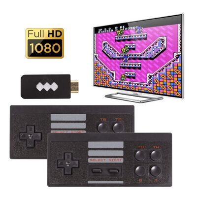 Full HD1080P retro video game console, with 2 wireless controllers. Includes 620 classic 8-bit games. Black