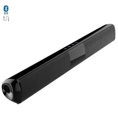 Soundbar 2.0 T90 Bluetooth 5.0. Ingresso RCA, ausiliario, Micro SD e radio FM. Batteria incorporata da 1800 mAh. Nero