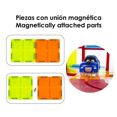 Pista para coches con piezas magnéticas. 72 piezas. Crea tus propios circuitos. Incluye puente, elevadores de 2 alturas, 2 coches. Multicolor