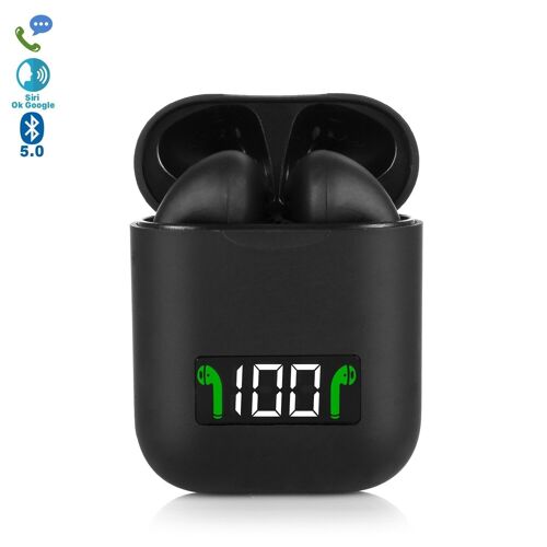 Auriculares TWS i99 Bluetooth 5.0, táctiles. Base de carga de 500mAh compatible con carga inalámbrica Qi y display. Negro