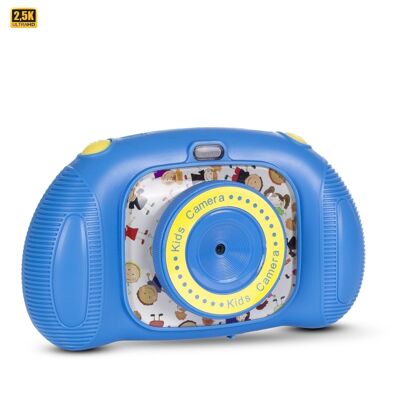 Children's photo and video camera with 25 built-in games. Dual camera, 20mpx and 2.5K video. 2.4-inch screen. Blue