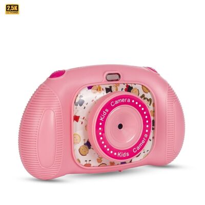 Children's photo and video camera with 25 built-in games. Dual camera, 20mpx and 2.5K video. 2.4-inch screen. Pink