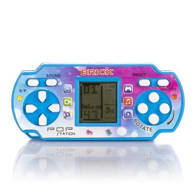 Pop Station, portable mini console with 23 classic Brick Game games. Tetris, puzzles, adjustable difficulty and speed. Blue