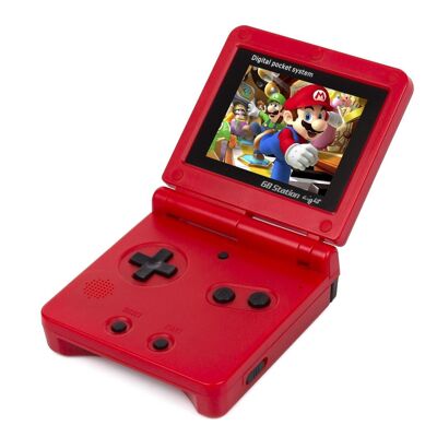 Retro handheld console with 500 8-bit games and foldable 3-inch screen. TV connection. Red