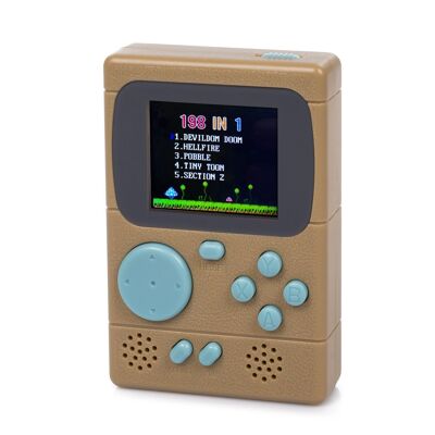 Retro Pocket Player mini handheld console with 198 8-bit games, 2-inch screen. Brown