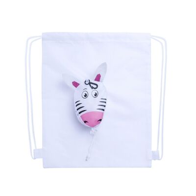Kissa faltbarer Rucksack mit Kordelzug für Kinder aus 190T Polyester. Kleine Faltung in Form eines Zebras. Weiß