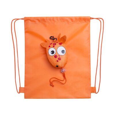 Kissa faltbarer Rucksack mit Kordelzug für Kinder aus 190T Polyester. Kleine Falte in Form einer Giraffe. Orange