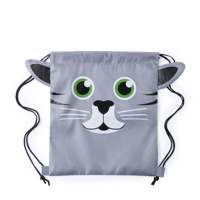 Mochila de cuerdas Llorel plegable para niño, en suave poliéster 210T. Diseño gato. Gris