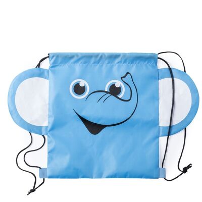 Mochila de cuerdas Llorel plegable para niño, en suave poliéster 210T. Diseño elefante. Azul