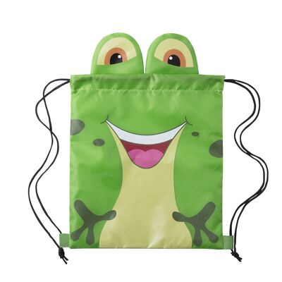 Mochila de cuerdas Llorel plegable para niño, en suave poliéster 210T. Diseño rana. Verde