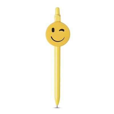 Fricum ballpoint pen winking emoji design. With push button mechanism and blue ink. Yellow