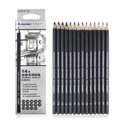 Ensemble de 14 crayons graphite de conception professionnelle Kasimir de différentes épaisseurs et duretés. De 12B à 6H. Le noir