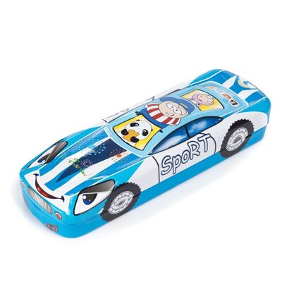 Metallic children's pencil case with 3D racing car design. Light Blue
