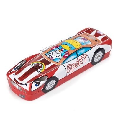 Metallic children's pencil case with 3D racing car design. Red