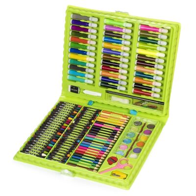 Painting set with 150 pieces. Includes pencils, watercolors, markers, crayons and accessories. Green