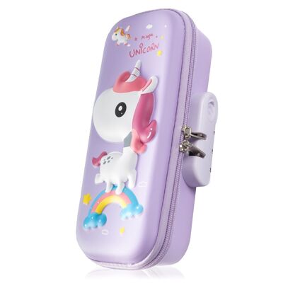 Pencil case with 3D Unicorn design. Zipper with combination safety lock. Lilac