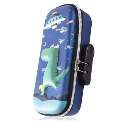Pencil case with 3D Dinosaur design. Zipper with combination safety lock. Electric blue