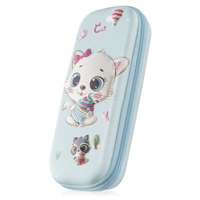 Pencil case with Kitten and Raccoon design in 3D. Light Blue